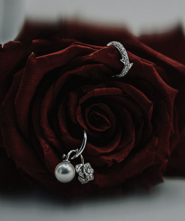 Enchanted Rose 14K Gold Earrings w. Diamonds & Pearls