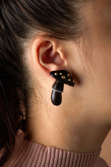 Carved Wood Mushroom Black 18K Gold Earrings