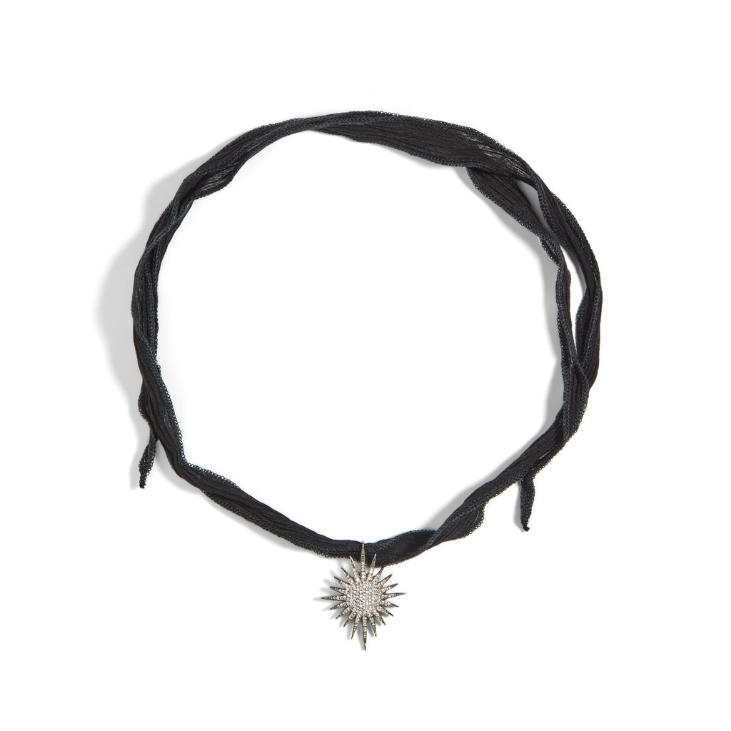 Supernova Black Ribbon Silver Necklace w. Zirconia