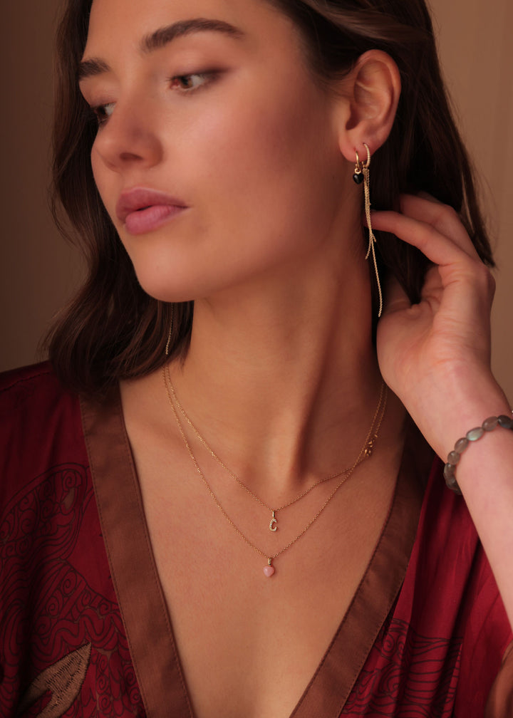 Heart 10K Gold Pendant w. Pink Opal & Diamond