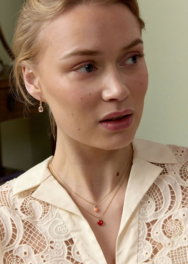 Hjerte 10K Guld Vedhæng m. 8 mm Rød Koral & Diamant