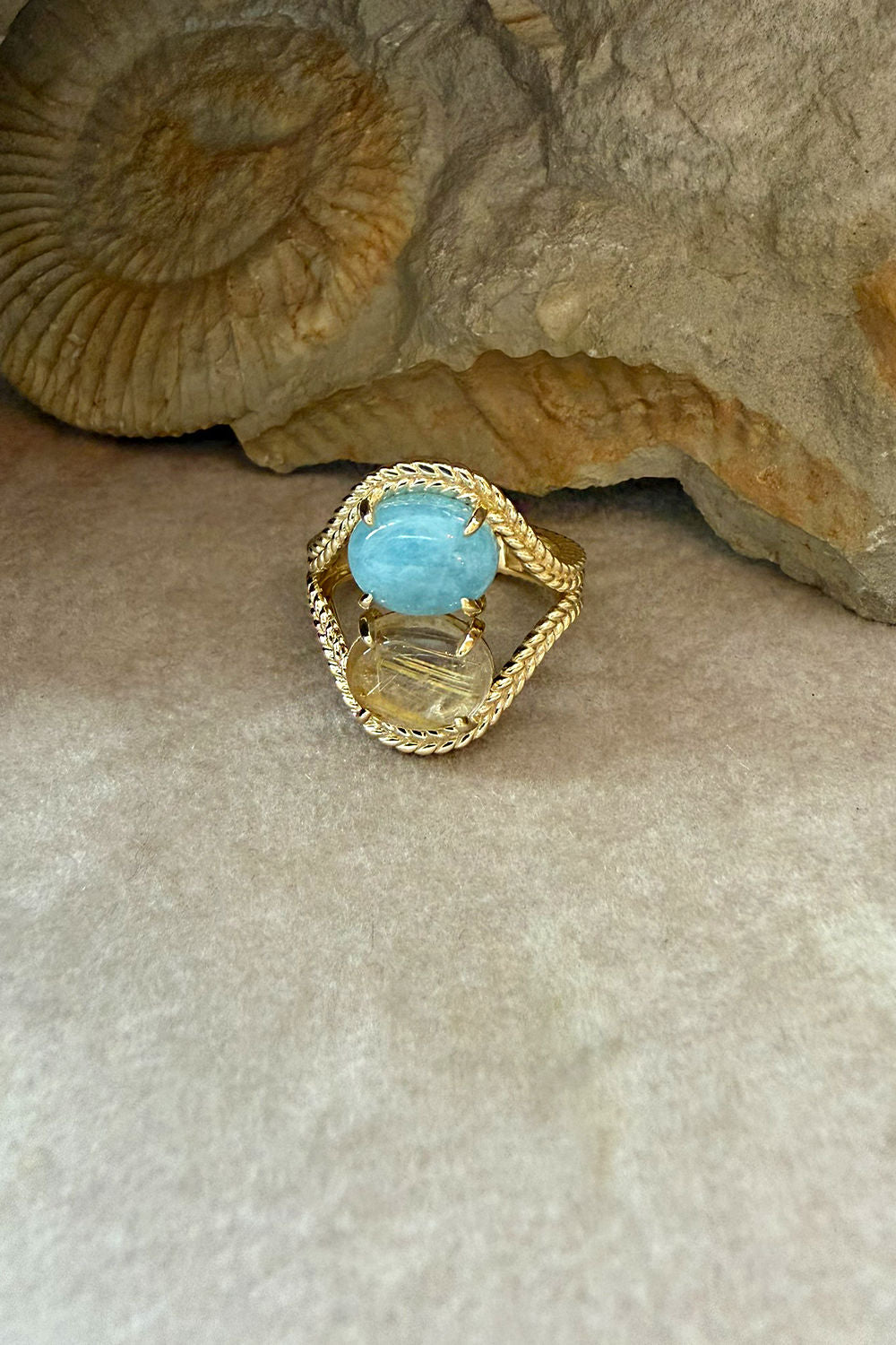 Double Bubble 10K Gold Ring w. Golden Rutile Quartz & Aquamarine