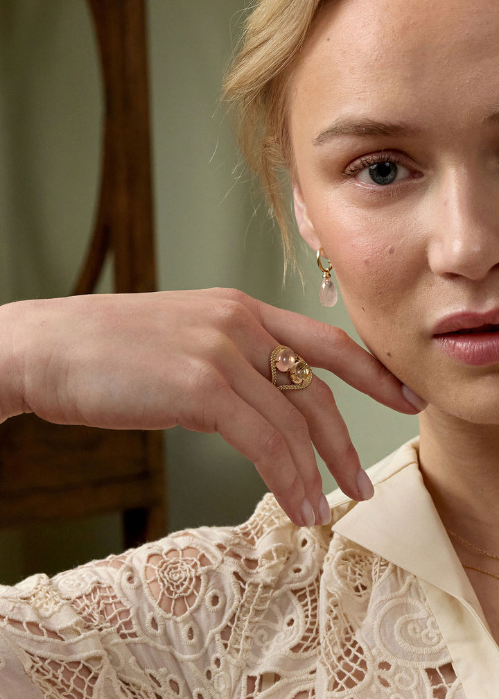 Double Bubble 10K Guld Ring m. Gylden Rutil & Rosakvarts