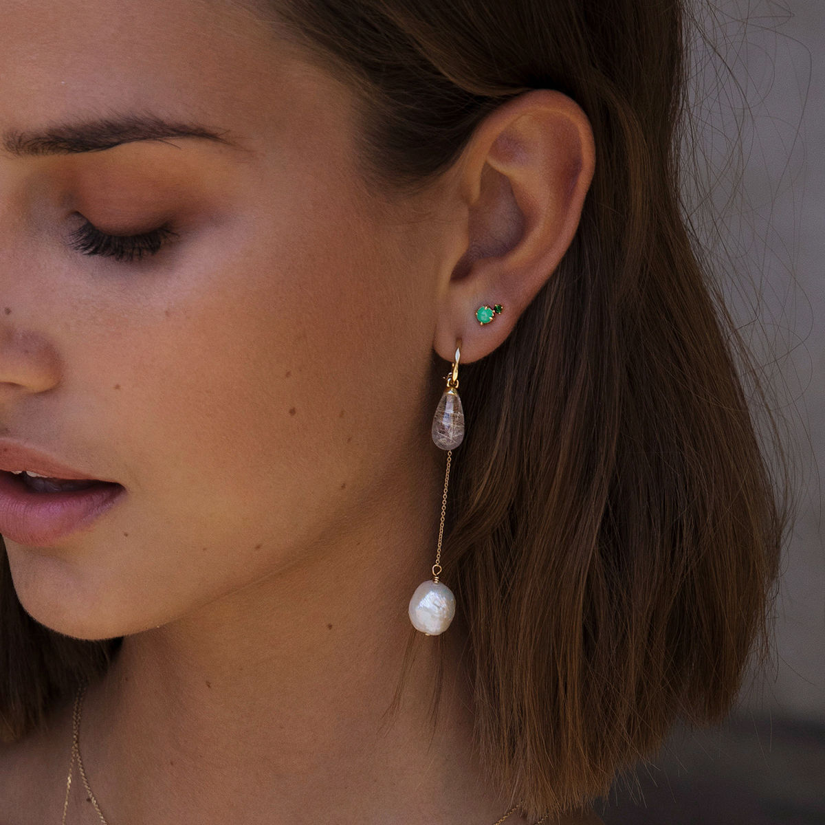 Bon Bon 10K Gold Stud w. Chrysoprase & Tourmaline