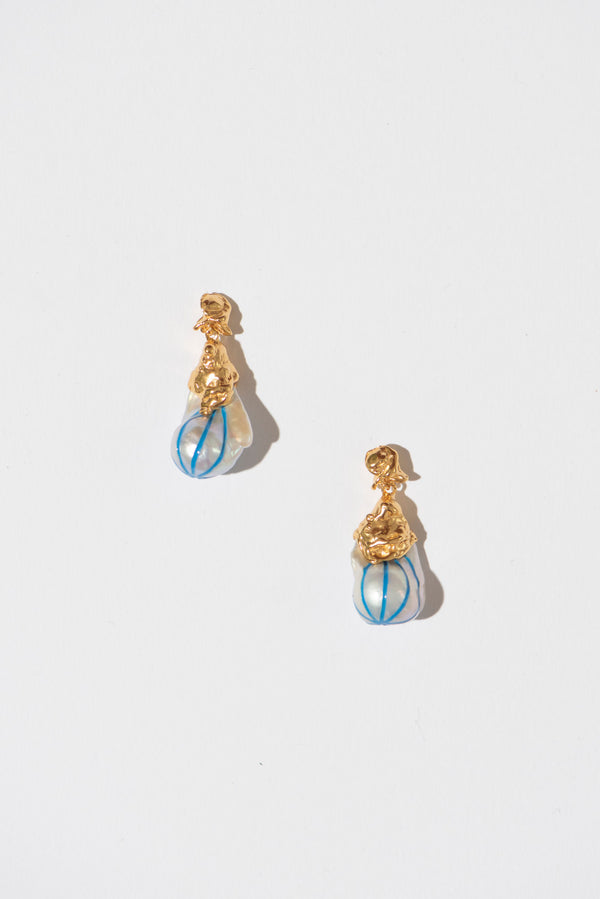 Les Meres | The Classic Blue Stripes Gold Plated Earrings w. Pearls - Pair