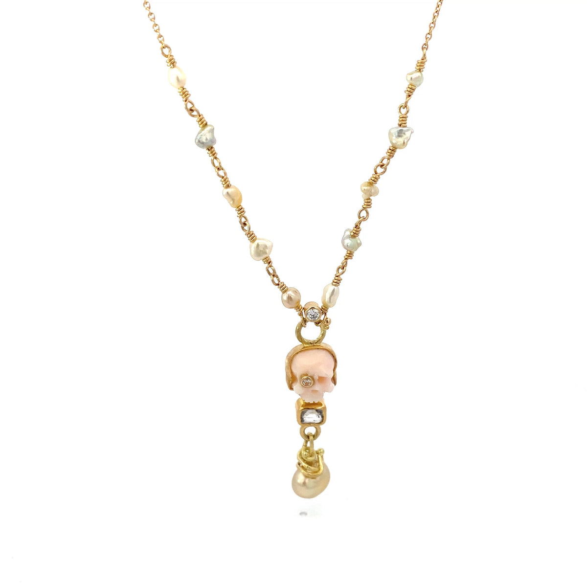 Memento Mori 18K & 22K Guld Halskæde m. Keshi Perle, Spinel & Diamant