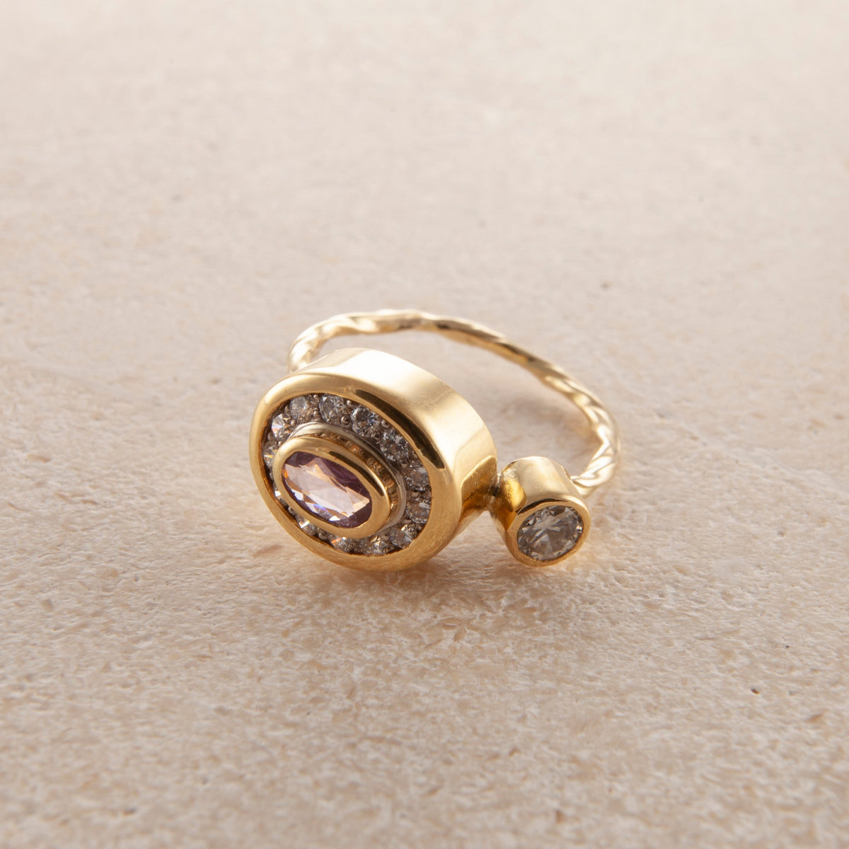 Pavé Cocktail 18K & 22K Gold Ring w. Diamonds & Sapphire