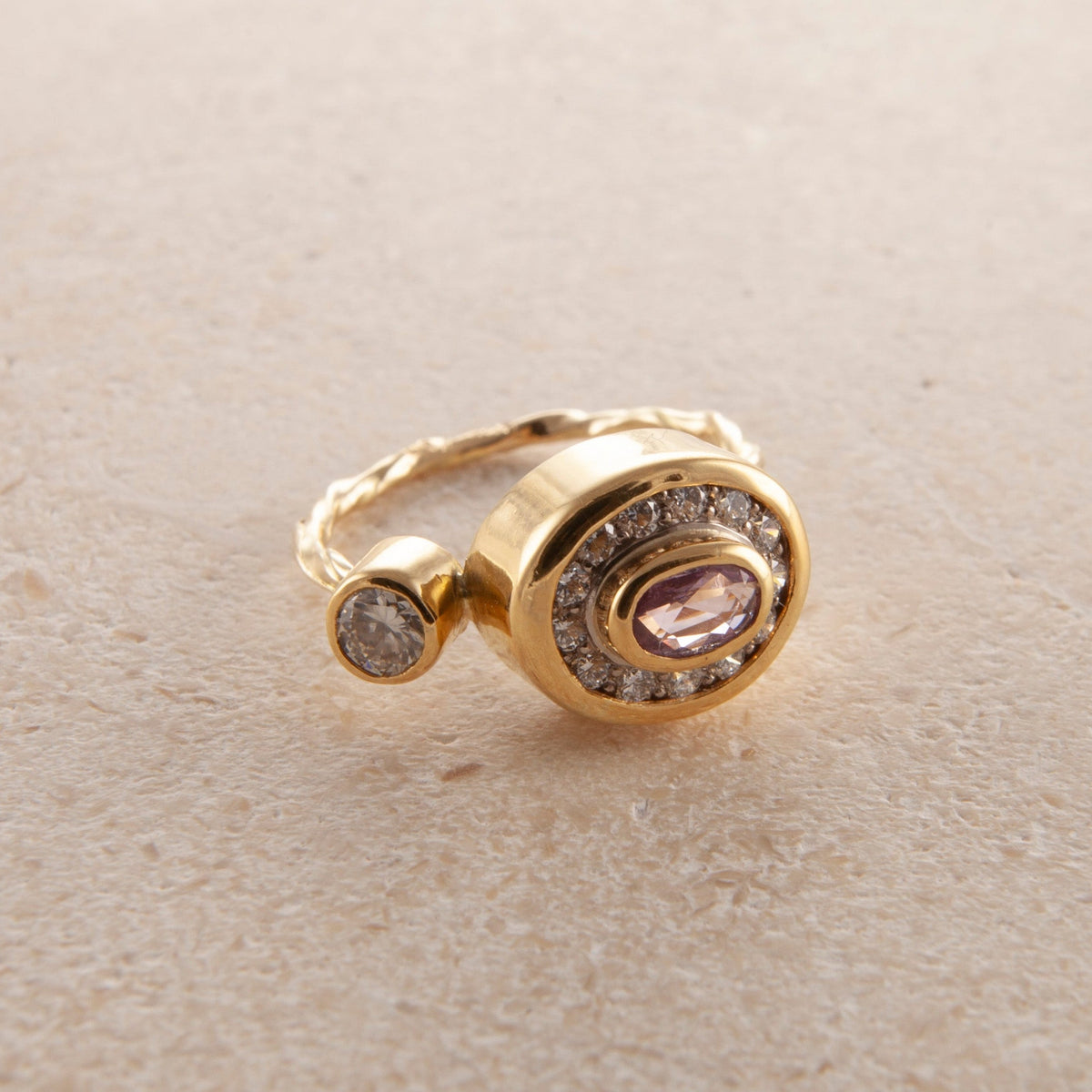 Pavé Cocktail 18K & 22K Gold Ring w. Diamonds & Sapphire