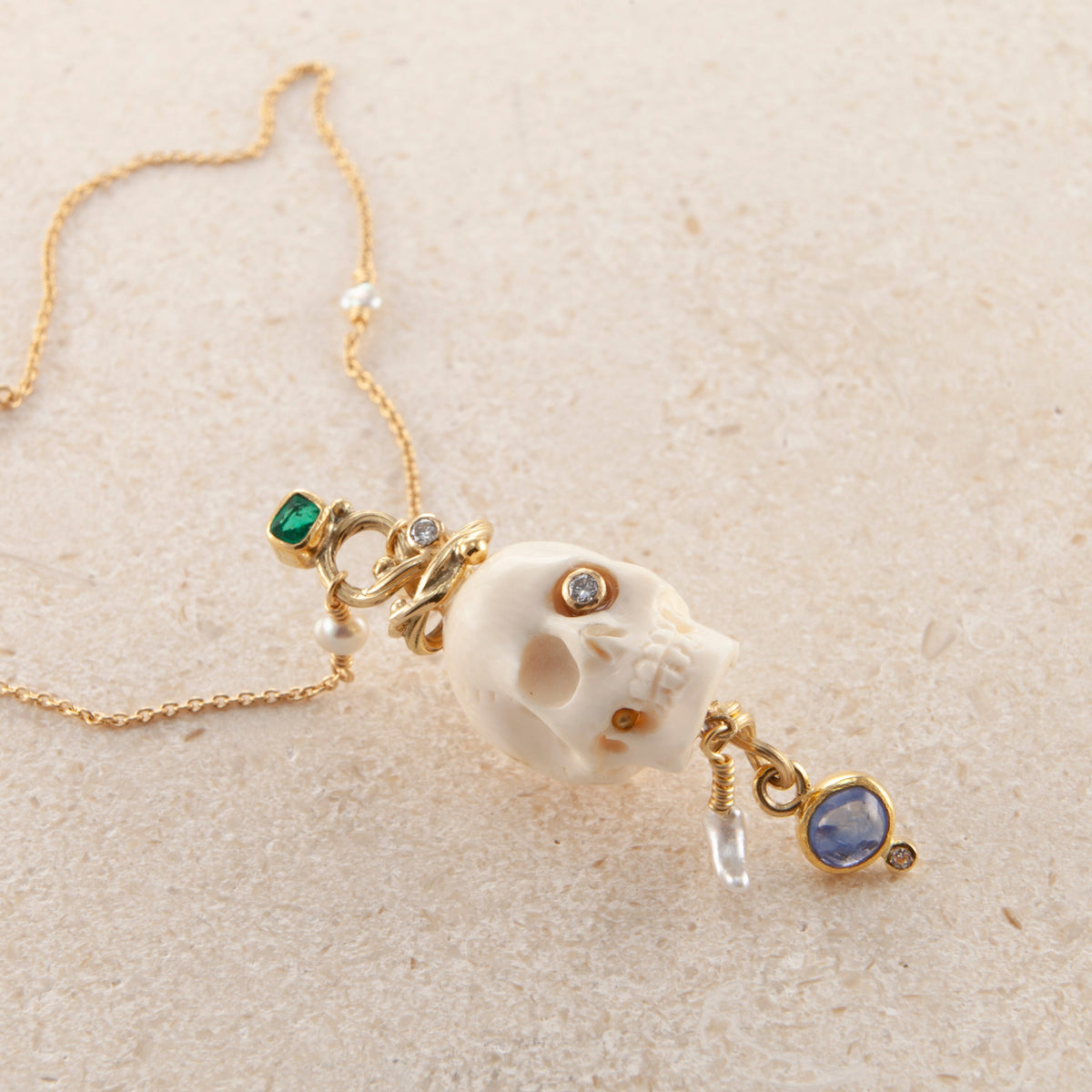 Memento Mori 18K & 22K Gold Necklace w. Emeralds & Sapphires