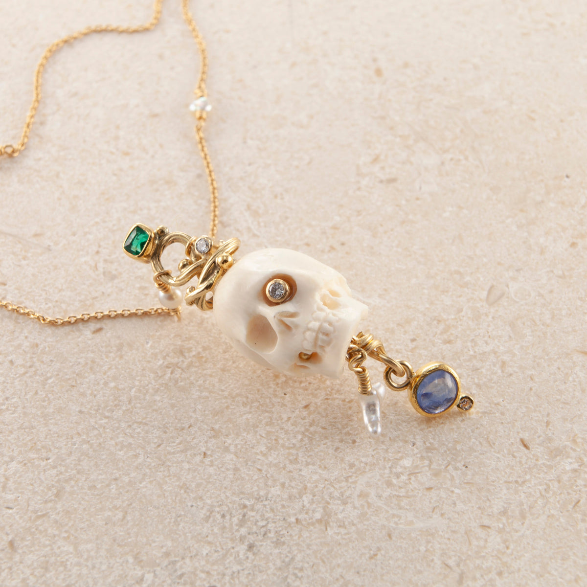 Memento Mori 18K & 22K Gold Necklace w. Emeralds & Sapphires