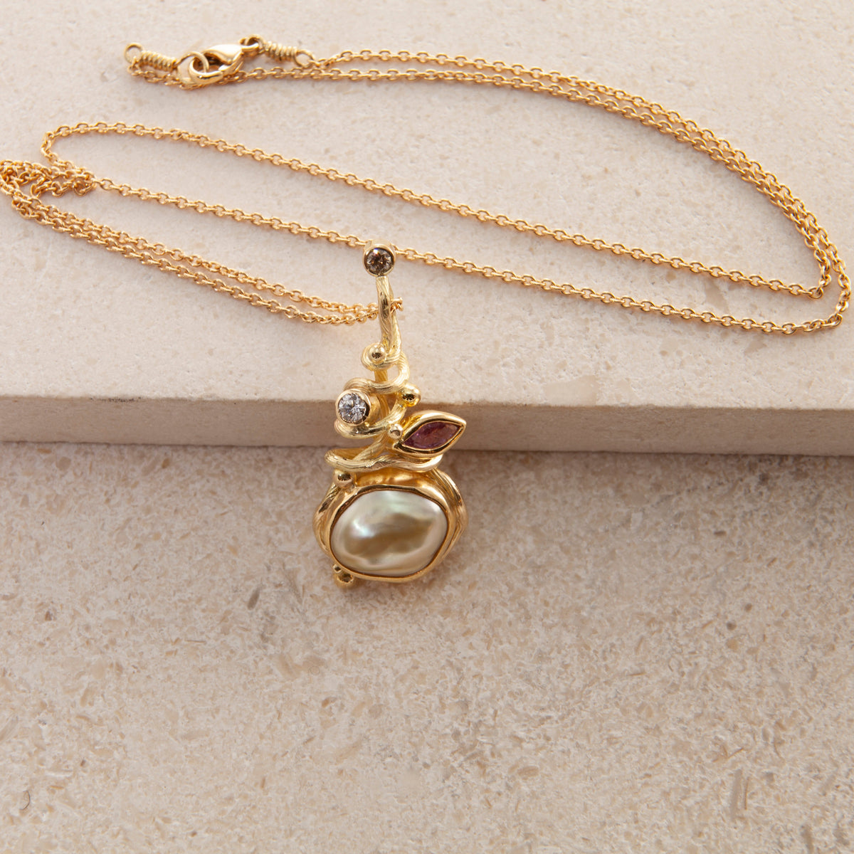 Gone Fishing 18K & 22K Gold Necklace w. Sapphire & Pearl