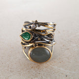 Twisted 18K, 22K & 24K Gold & Silver Ring w. Emerald, Beryl & Diamonds