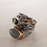 Twisted 18K, 22K & 24K Gold & Silver Ring w. Emerald, Beryl & Diamonds