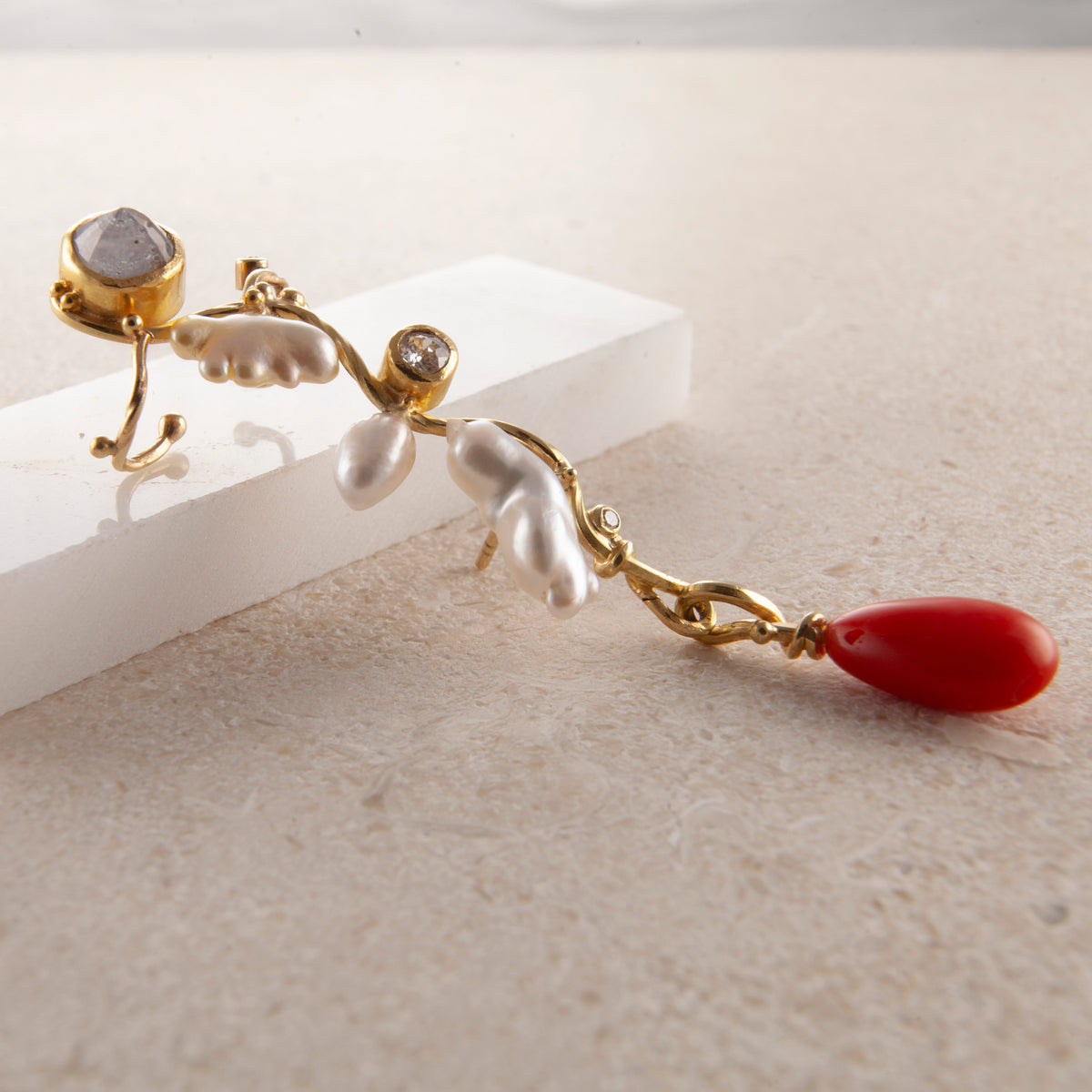 Filuka 18K & 22K Gold Earring w. Coral, Pearl & Diamonds
