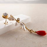 Filuka 18K & 22K Gold Earring w. Coral, Pearl & Diamonds