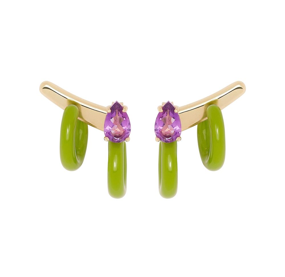 Double Loop 9K Gold Hoops w. Amethyst