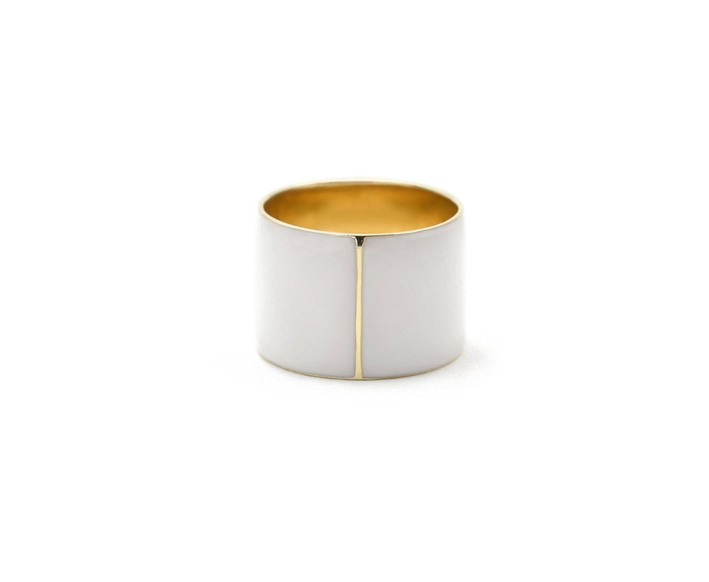 White Enamel Cigar Band 14K Gold Ring