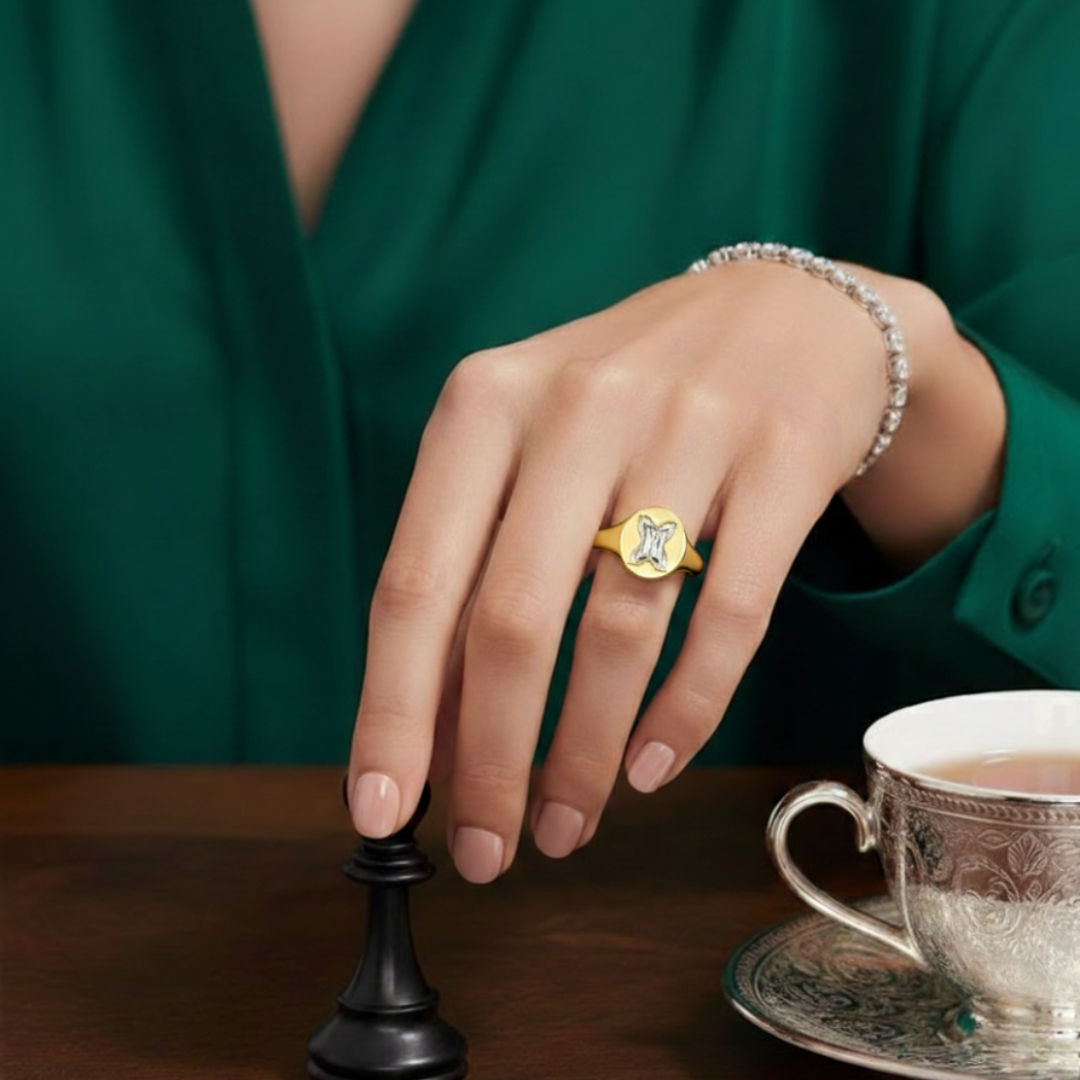 Alphabet 18K Gold Initial X Signet Ring w. Solitaire Lab-Grown Diamond