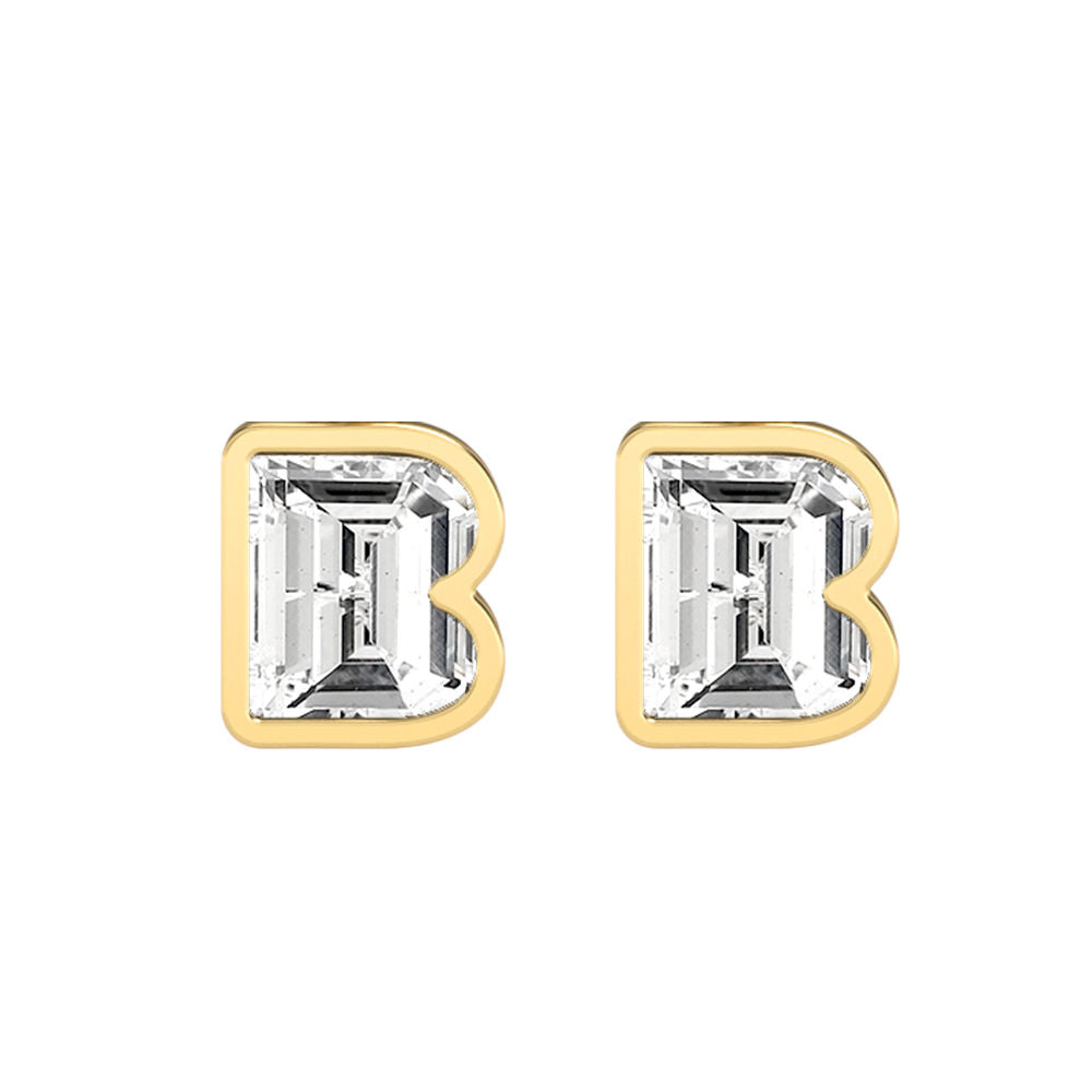 Alphabet Initial B 18K Gold, Whitegold or Rosegold Stud Earrings w. Solitaire Lab-Grown Diamond