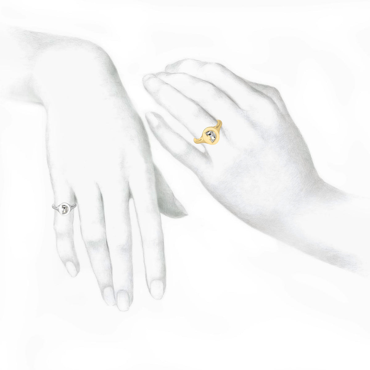 Alphabet 18K Whitegold Initial D Signet Ring w. Solitaire Lab-Grown Diamond