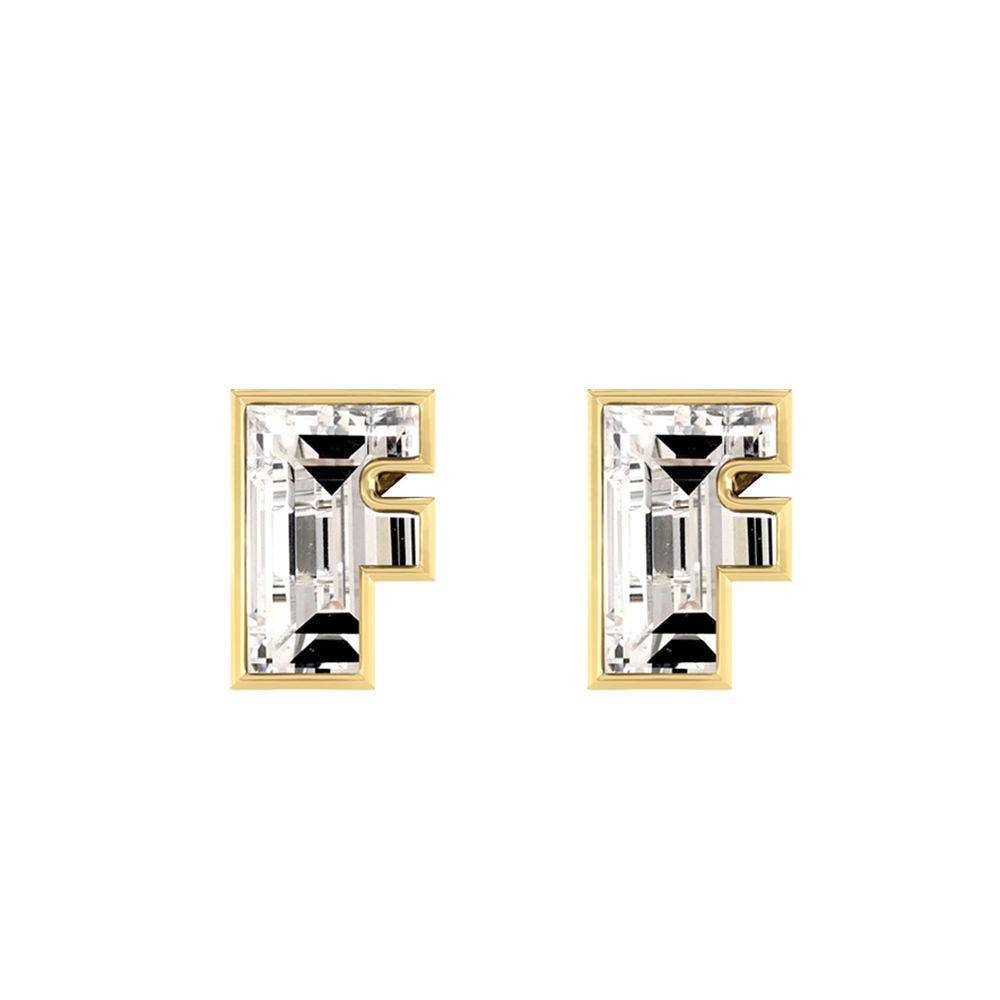 Alphabet Initial F 18K Gold, Whitegold or Rosegold Stud Earrings w. Solitaire Lab-Grown Diamond