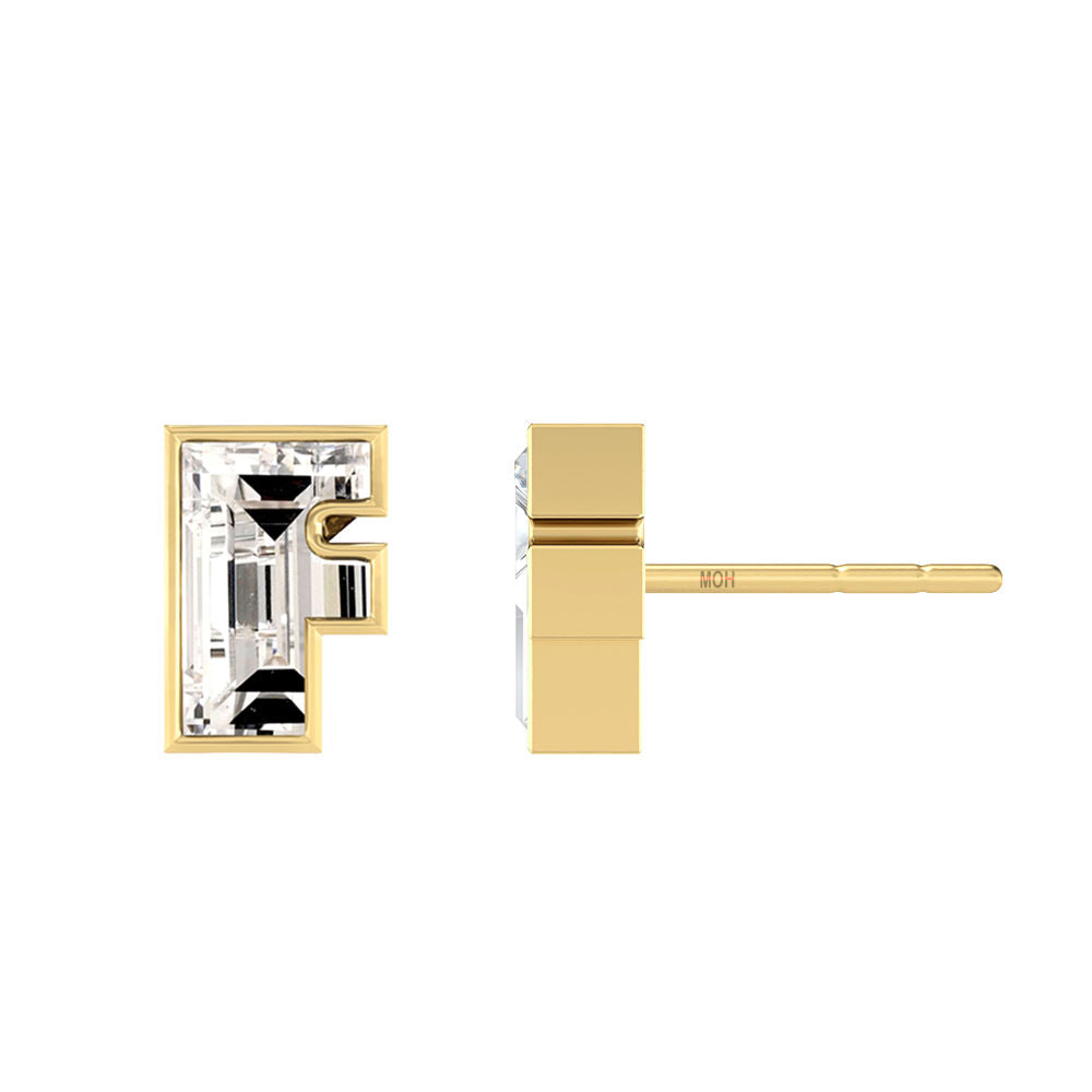 Alphabet Initial F 18K Gold, Whitegold or Rosegold Stud Earrings w. Solitaire Lab-Grown Diamond