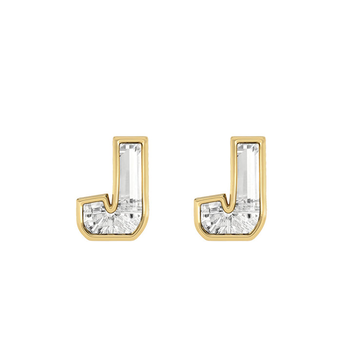Alphabet Initial J 18K Gold, Whitegold or Rosegold Stud Earrings w. Solitaire Lab-Grown Diamond