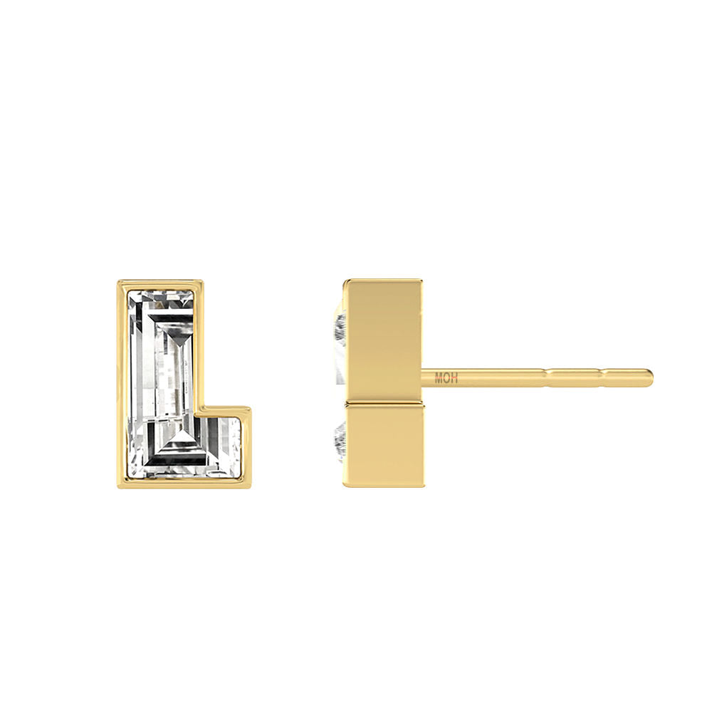Alphabet Initial L 18K Gold, Whitegold or Rosegold Stud Earrings w. Solitaire Lab-Grown Diamond