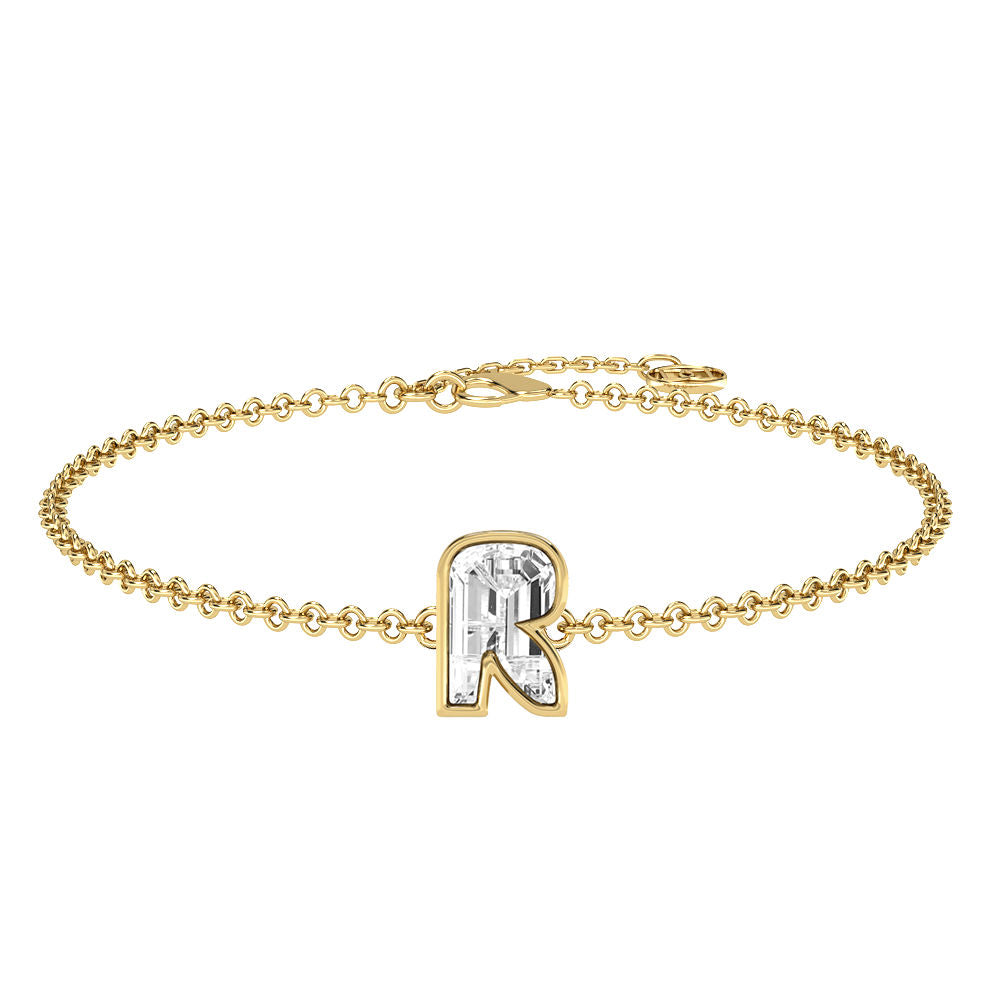 Alphabet Initial R 18K Gold, Rosegold or Whitegold Bracelet w. Solitaire Lab-Grown Diamond