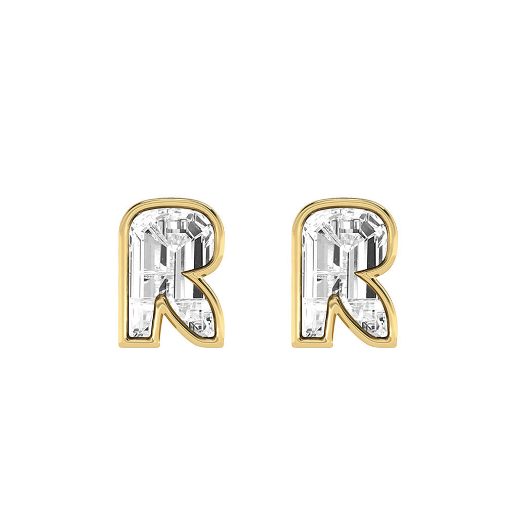 Alfabet Bogstav R 18K Guld, Hvidguld eller Rosaguld Ørestikker m. Solitaire Lab-Grown Diamant