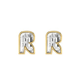 Alphabet Initial R 18K Gold, Whitegold or Rosegold Stud Earrings w. Solitaire Lab-Grown Diamond