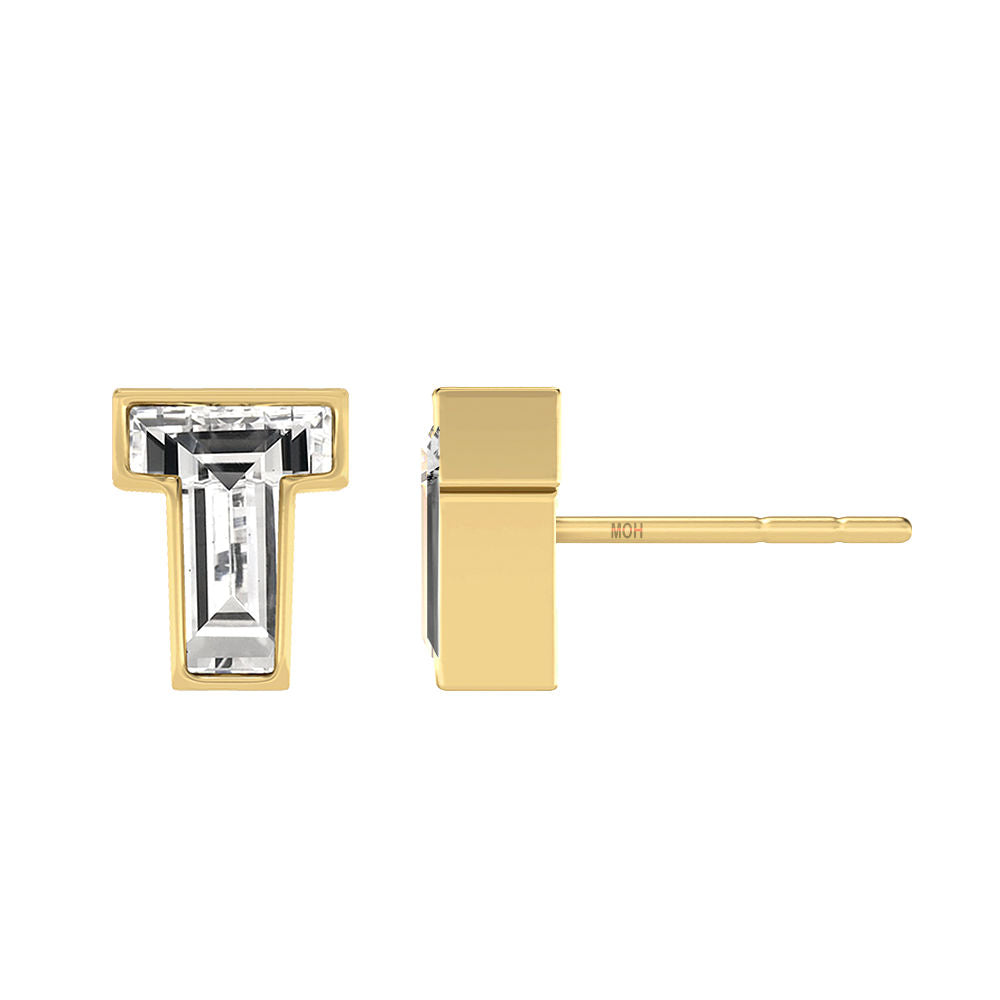 Alphabet Initial T 18K Gold, Whitegold or Rosegold Stud Earrings w. Solitaire Lab-Grown Diamond