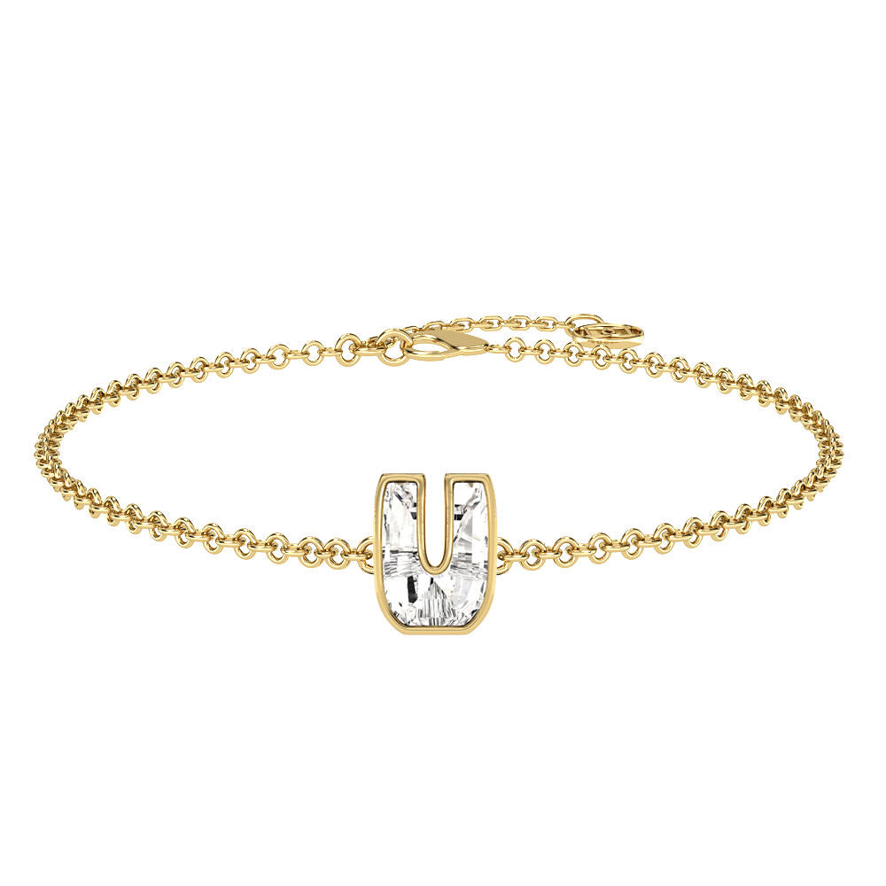 Alphabet Initial U 18K Gold, Rosegold or Whitegold Bracelet w. Solitaire Lab-Grown Diamond