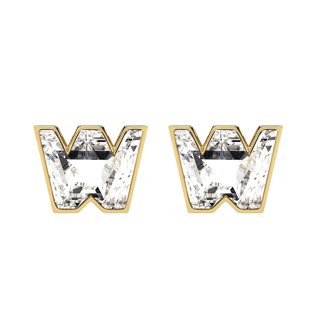 Alphabet Initial W 18K Gold, Whitegold or Rosegold Stud Earrings w. Solitaire Lab-Grown Diamond