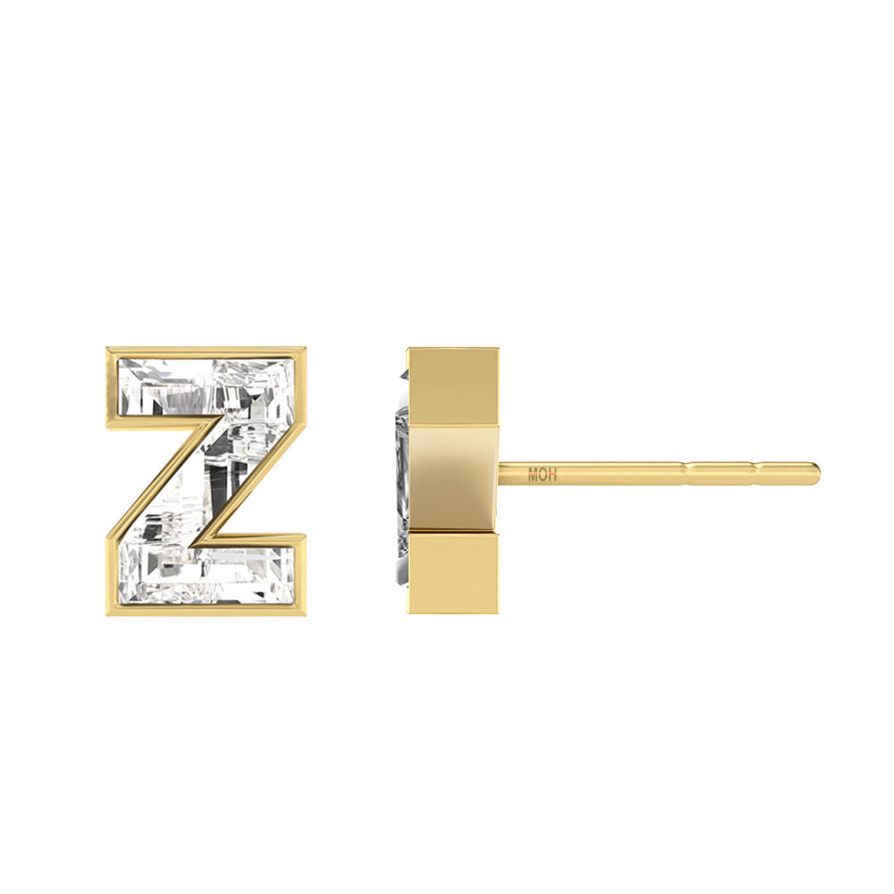 Alphabet Initial Z 18K Gold, Whitegold or Rosegold Stud Earrings w. Solitaire Lab-Grown Diamond