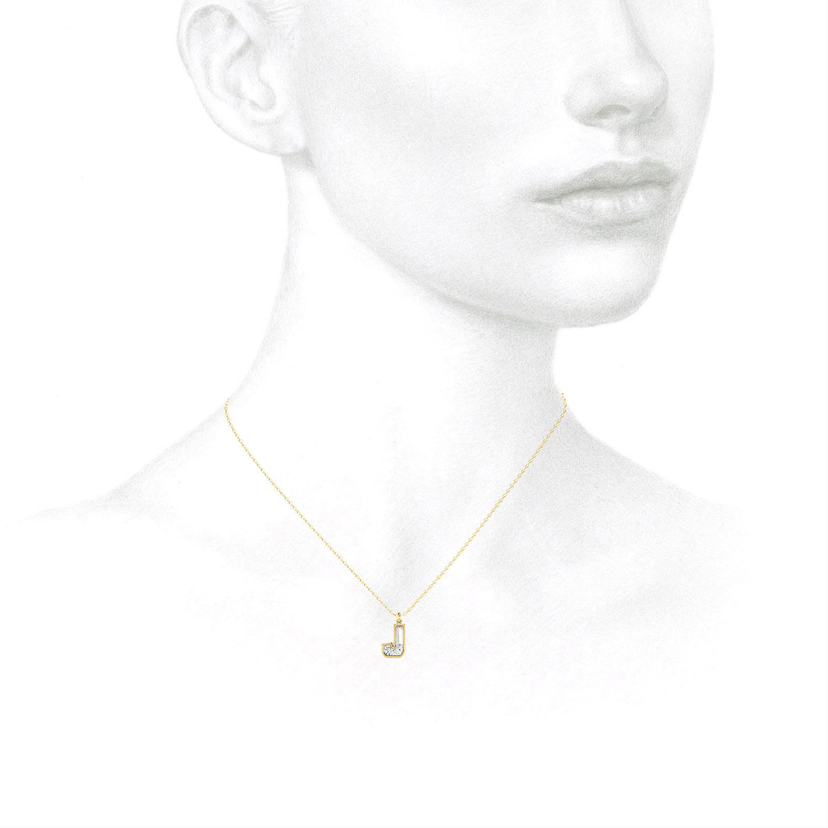 Alphabet 18K Gold, Rosegold or Whitegold Inital J Pendant w. Solitaire Lab-Grown Diamond