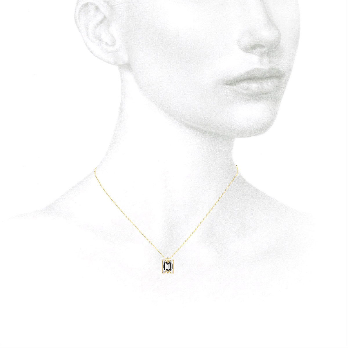 Alphabet 18K Gold, Rosegold or Whitegold Inital M Pendant w. Solitaire Lab-Grown Diamond