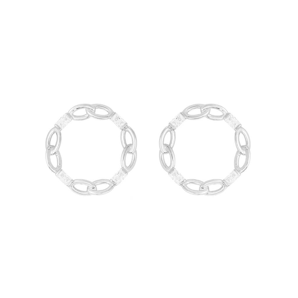 Baguette Circle White Rhodium on Silver Earrings w. Zirconia