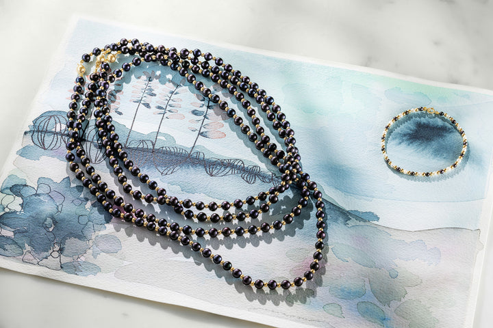 Black Pearl & Gold Bead 18K Gold Necklace