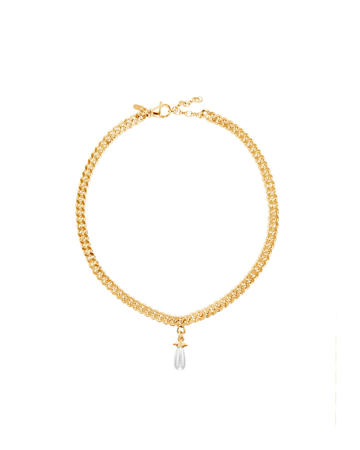 Chunky Chain Drop Gold Plated Necklace w. Glass Pearl