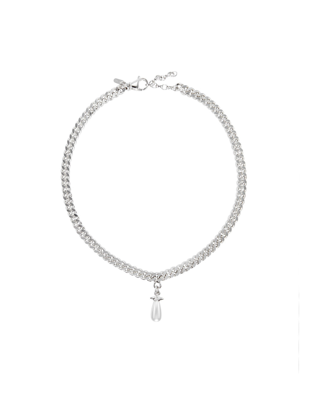 Chunky Chain Drop Silver Necklace w. Glass Pearl