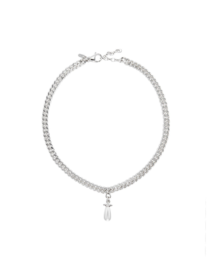 Chunky Chain Drop Silver Necklace w. Glass Pearl
