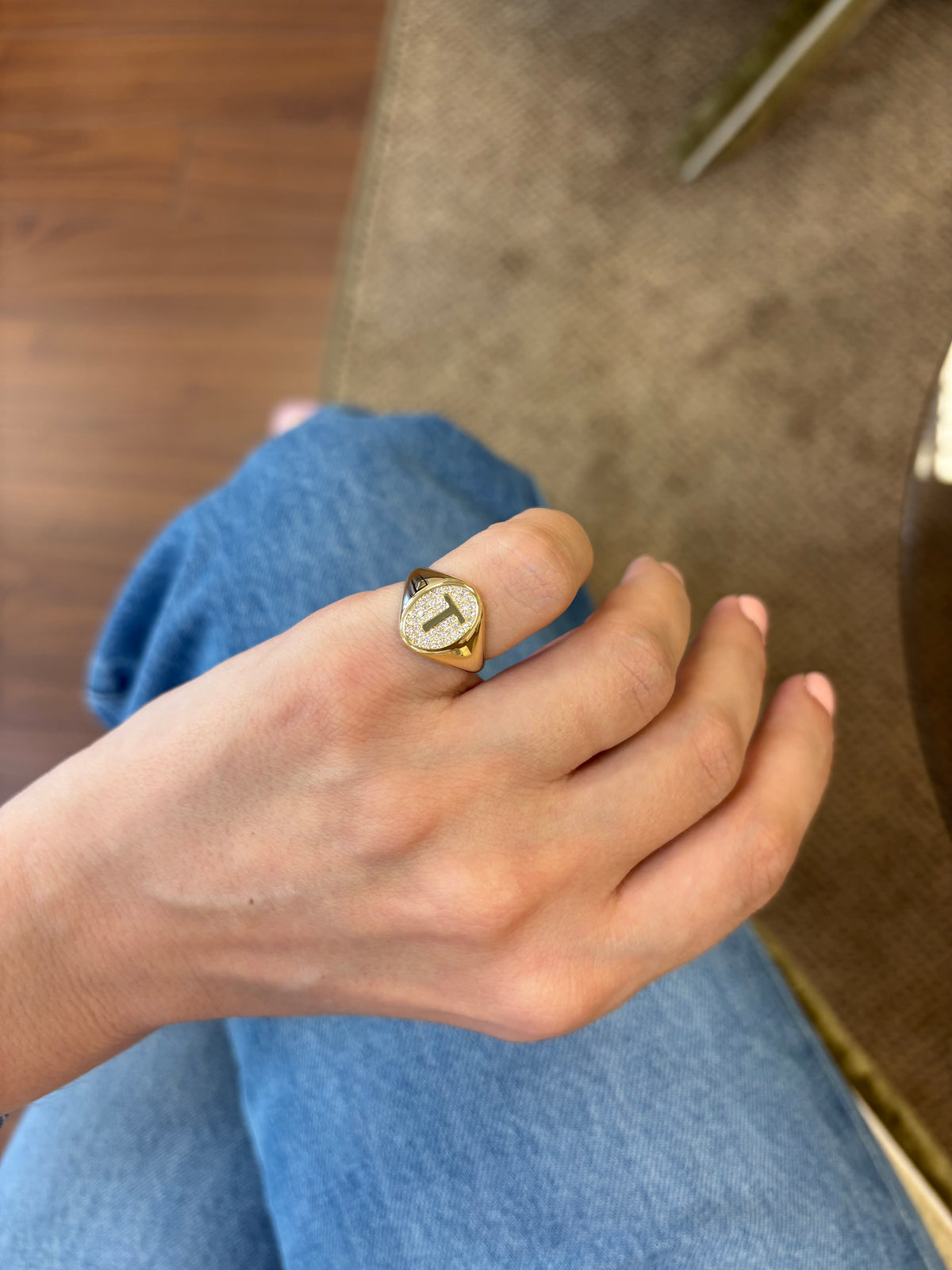 Glimmer Initial 18K Gold Signet Ring w. Diamonds