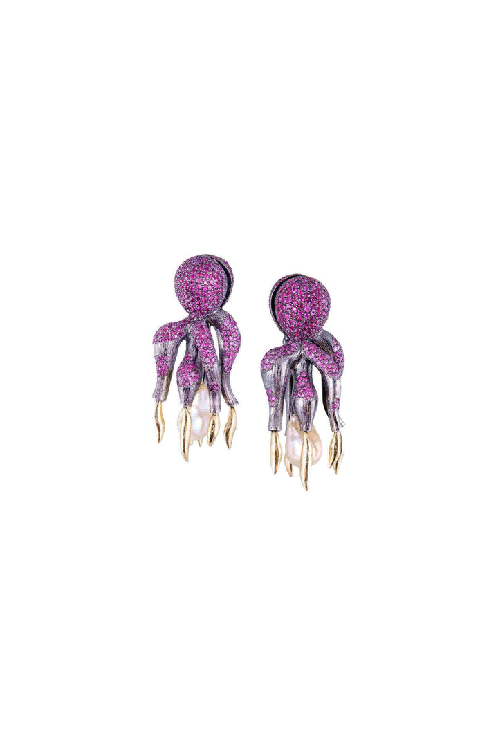 Les Pieuvres 18K Guld & Sølv Øreringe m. Safir & Perle