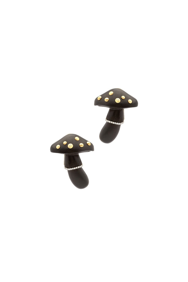 Carved Wood Mushroom Black 18K Gold Earrings