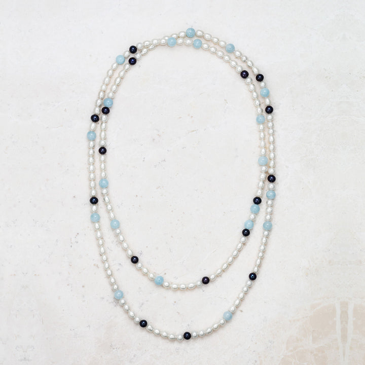 Pearl & Blue Bead Long Necklace