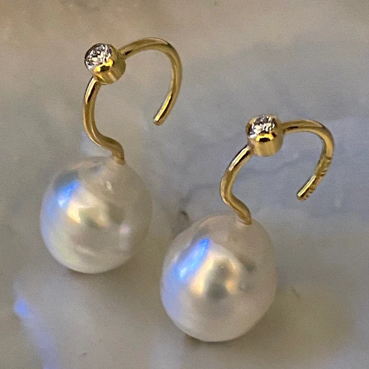 Perle 18K Guld Øreringe m. Diamant & Perler