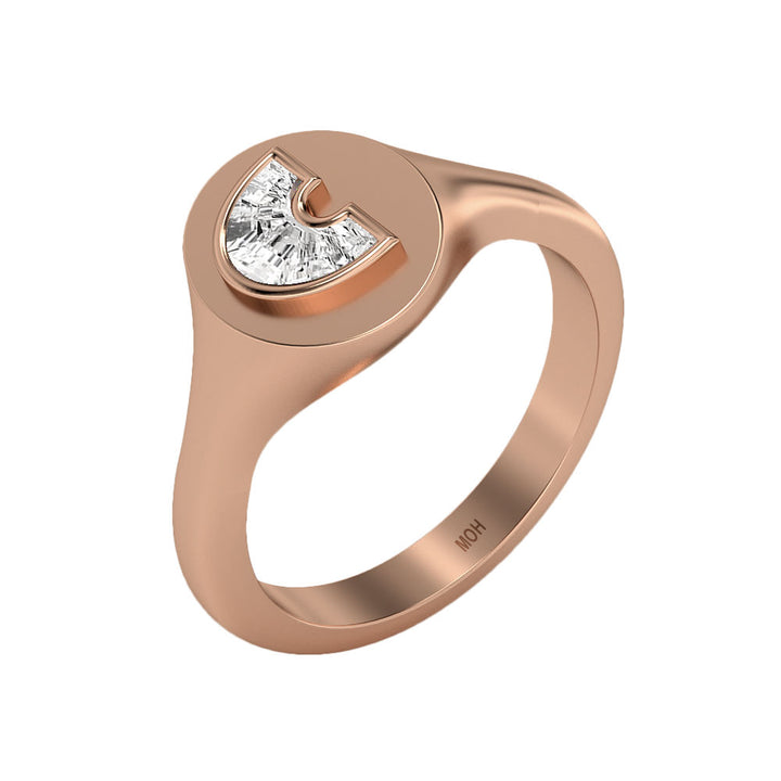 Alphabet 18K Rosegold Initial C Signet Ring w. Solitaire Lab-Grown Diamond