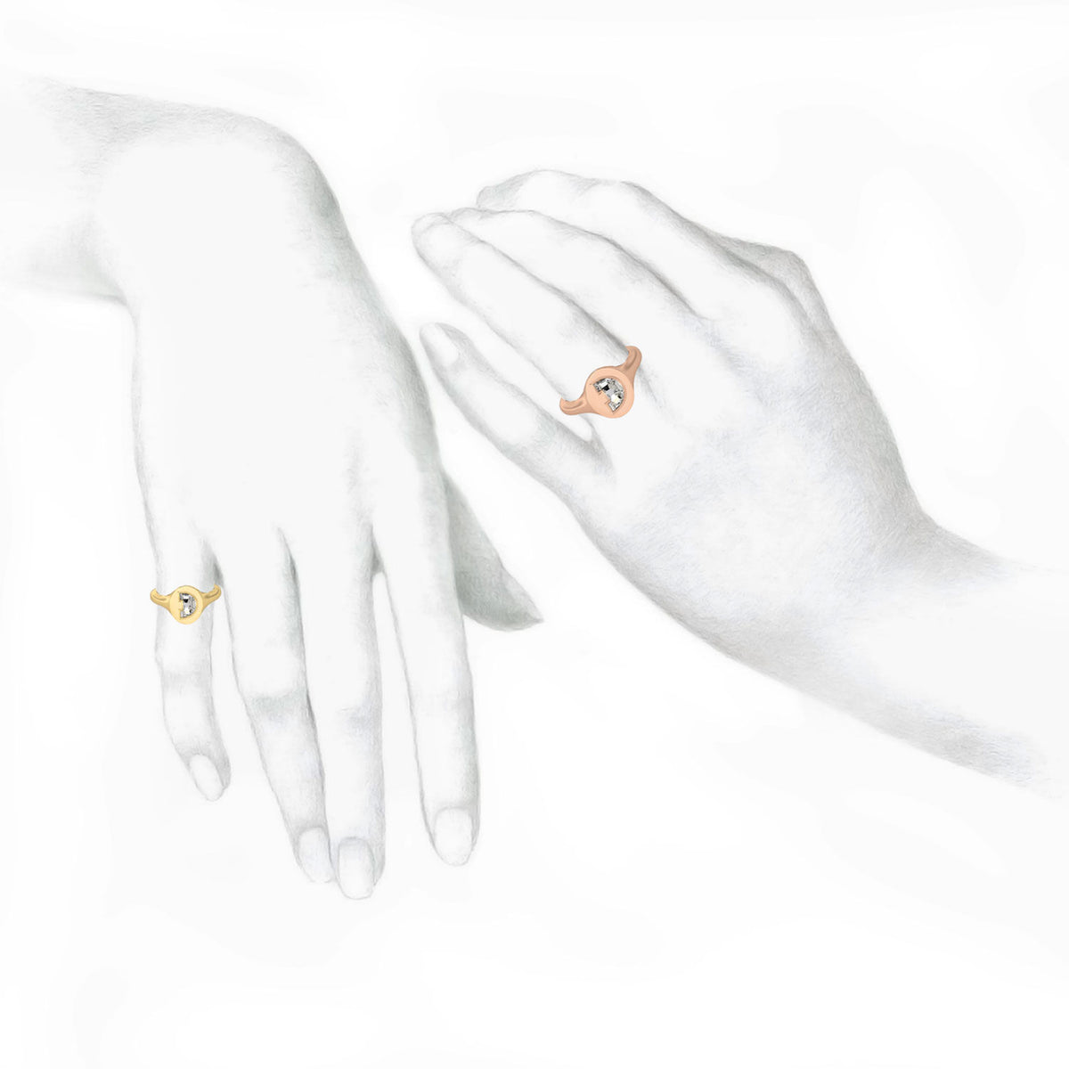 Alphabet 18K Rosegold Initial D Signet Ring w. Solitaire Lab-Grown Diamond