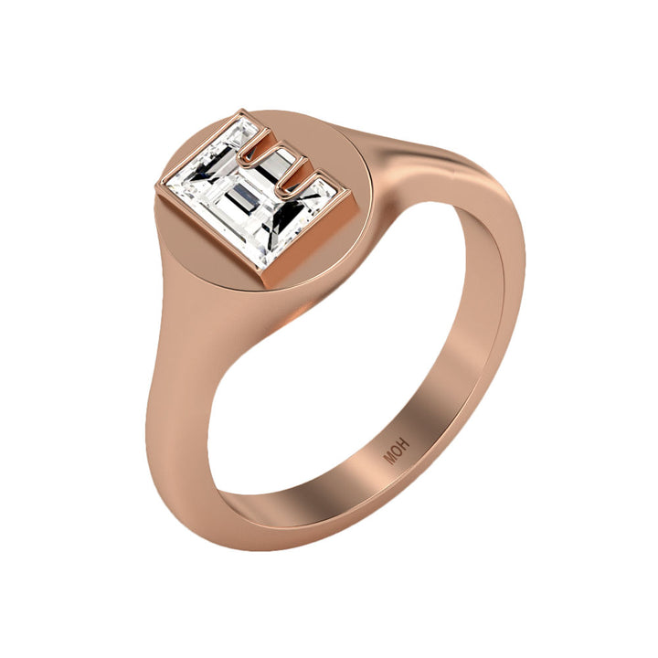 Alphabet 18K Rosegold Initial E Signet Ring w. Solitaire Lab-Grown Diamond